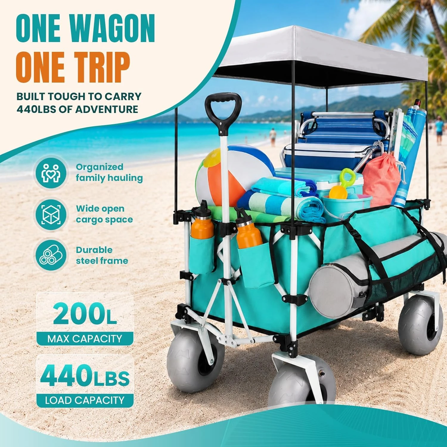 Beach Wagon with Big Balloon Wheels for Sand 200L Extra Large Beach Cart with Canopy 440Lbs Heavy Duty Folding Wagon Collapsible 9in Tires Light Blue - view 3