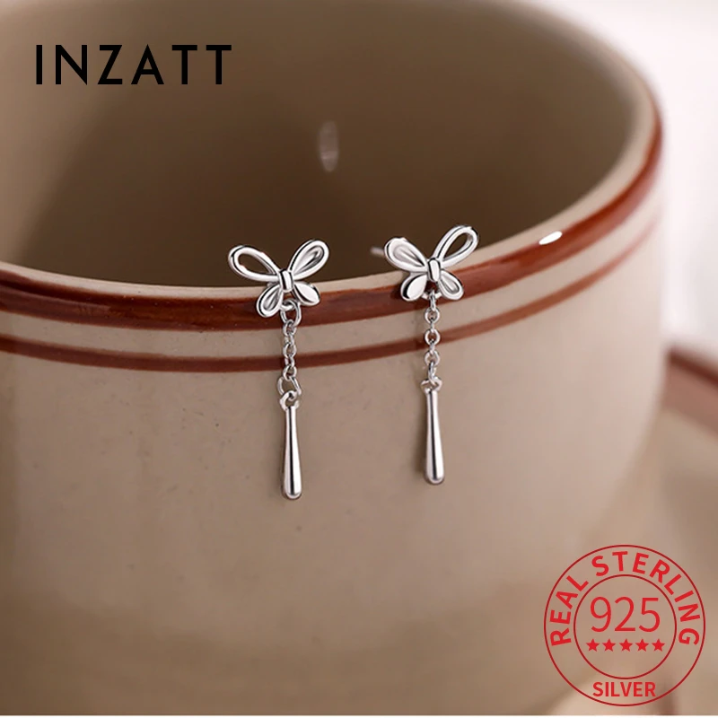 INZATT Real S925 Sterling Silver Bowknot Water Droplet Short Tassel Stud Earrings for Women Classic Fine Jewelry Accessories