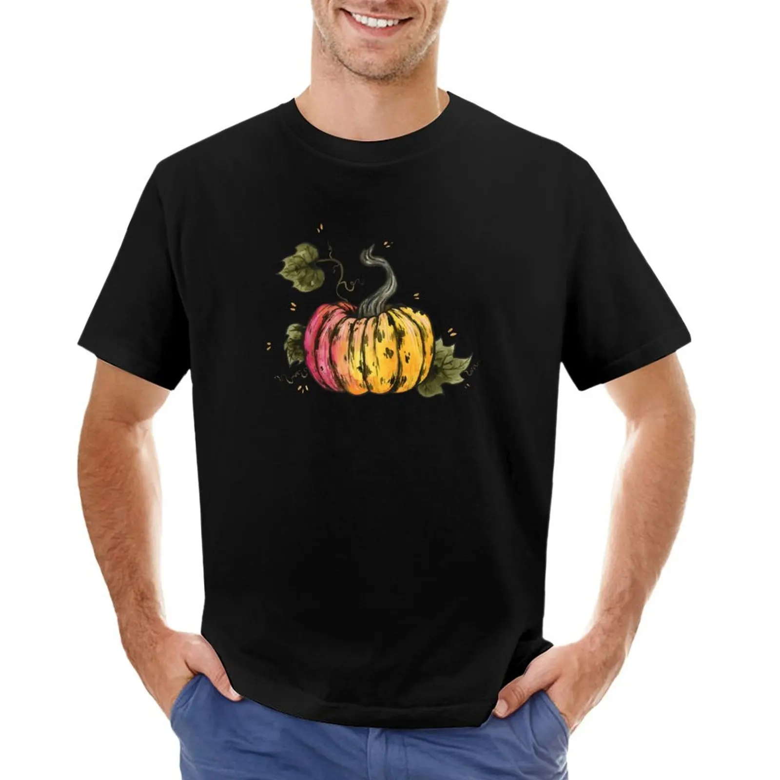 Multicolored pumpkin in watercolor on cream T-Shirt Aesthetic clothing anime clothes korean fashion Men's t-shirts