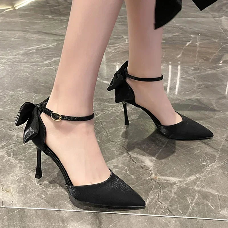 Chaussures de mariage à talons hauts pour femmes, bouche peu profonde fine, nœud élégant, nouvelle mode, printemps et automne 2024