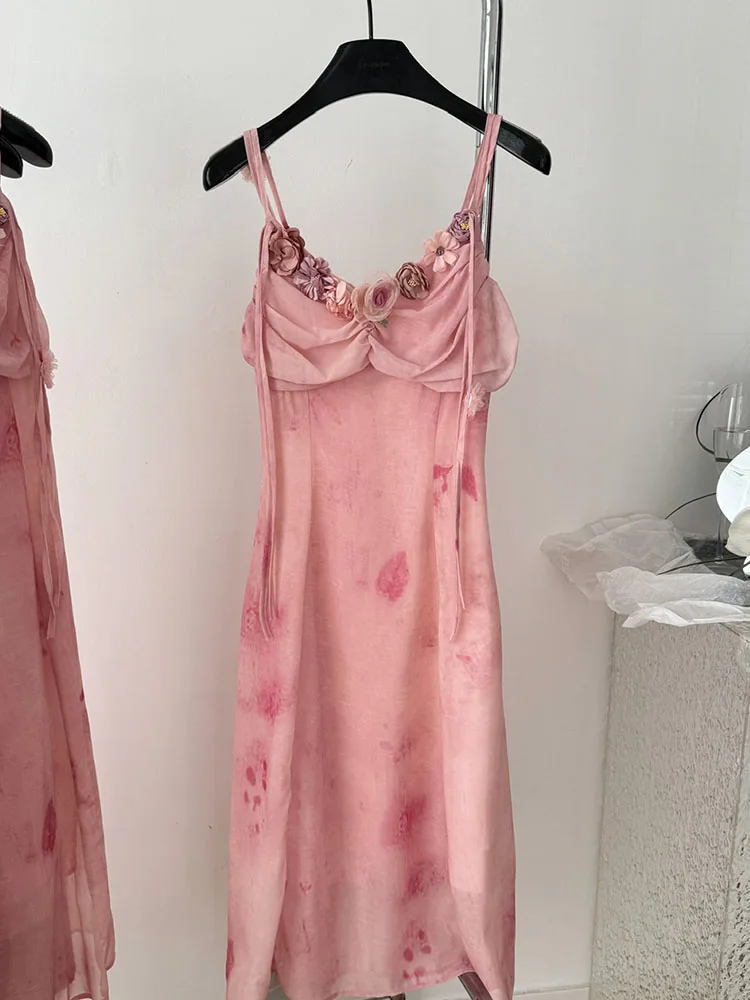 French Elegance Pink Sexy Long Spaghetti Strap Dress Summer 2024 Women Coquette 3D Flower Sweet Romantic Slim One-Piece Frocks