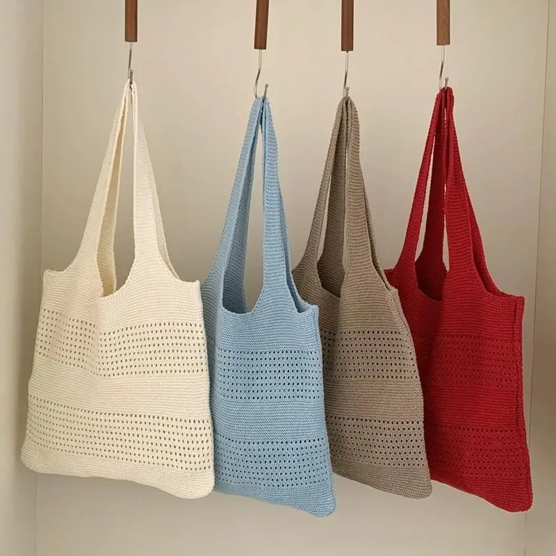 حقيبة تسوق الكورية موضة بسيطة الحياكة حقيبة كتف سعة كبيرة جوفاء حقيبة تسوق منسوجة الصيف السفر حقائب الشاطئ الهدايا #1