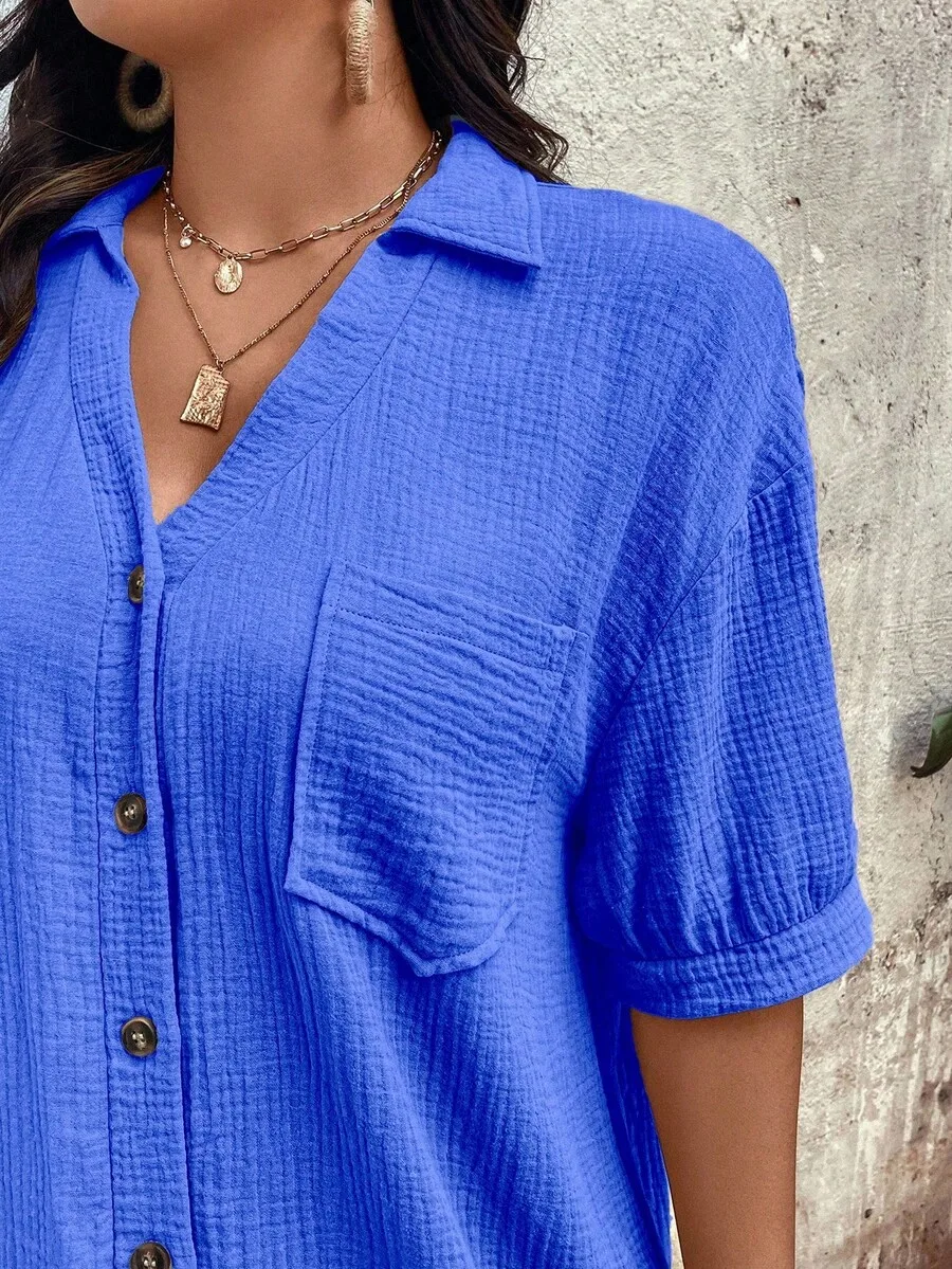 

Casual Royal Blue Woven Shirt Dress For Women Short Sleeve With Pockets Summer Outfit