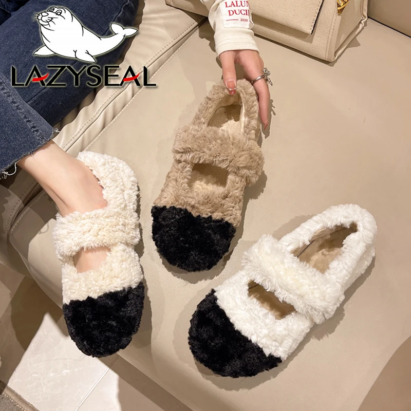 

LazySeal Femme Winter Cotton Shoes Women Mixed Color Warm Plush Shoes For Women Crystal Fur Flats Loafers Women Shoes Moccasin