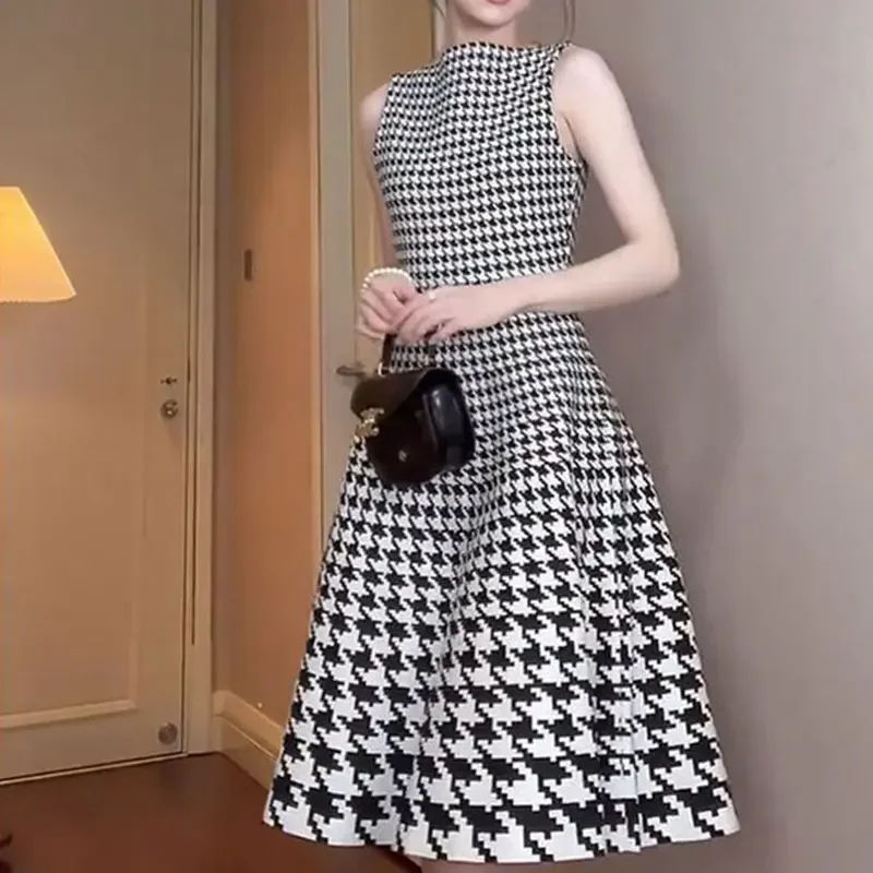 

Houndstooth Sexy Sleeveless Dresses Elegant Harajuku Fashion Casual Lady A-line Skirt O Neck All Match Printed Female Clothes