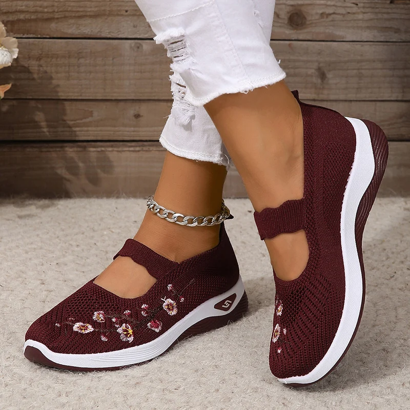 Flower Embroider Stretch Knitted Women Sneakers Mesh Breathable Wedge Female Shoes Summer Slip On Wear-resistant Flats