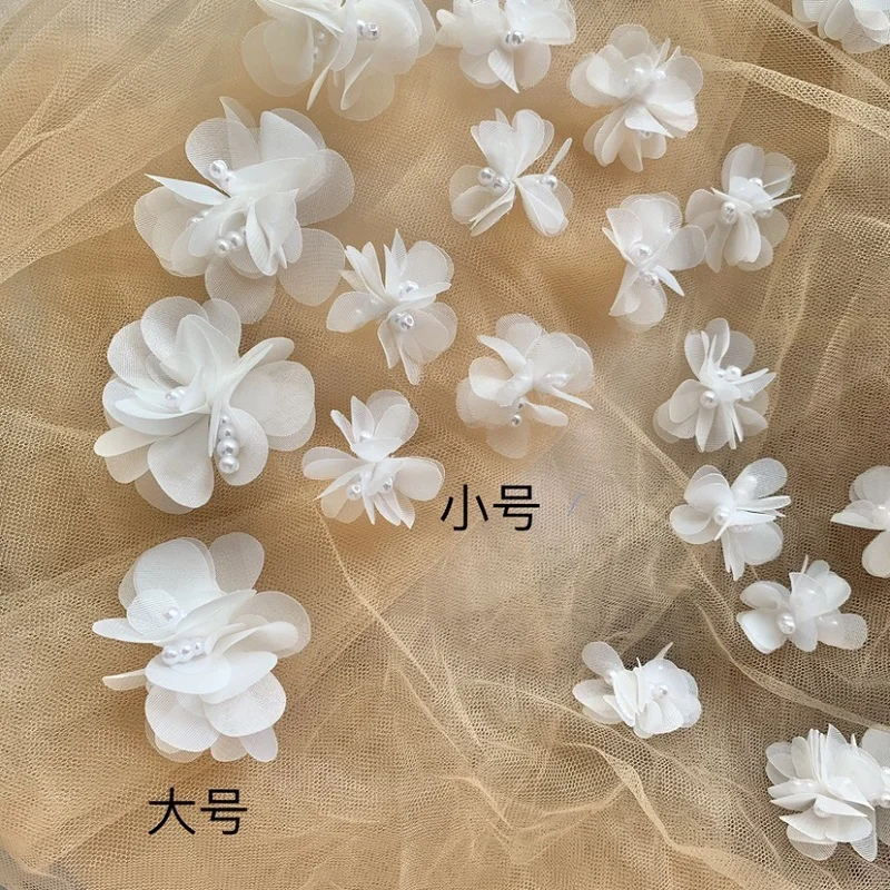 10PCS HOT 3D Pearl Flower Chiffon Patches DIY Sewing Applique Cloth Dress Wedding Hairpin Headdress Decor