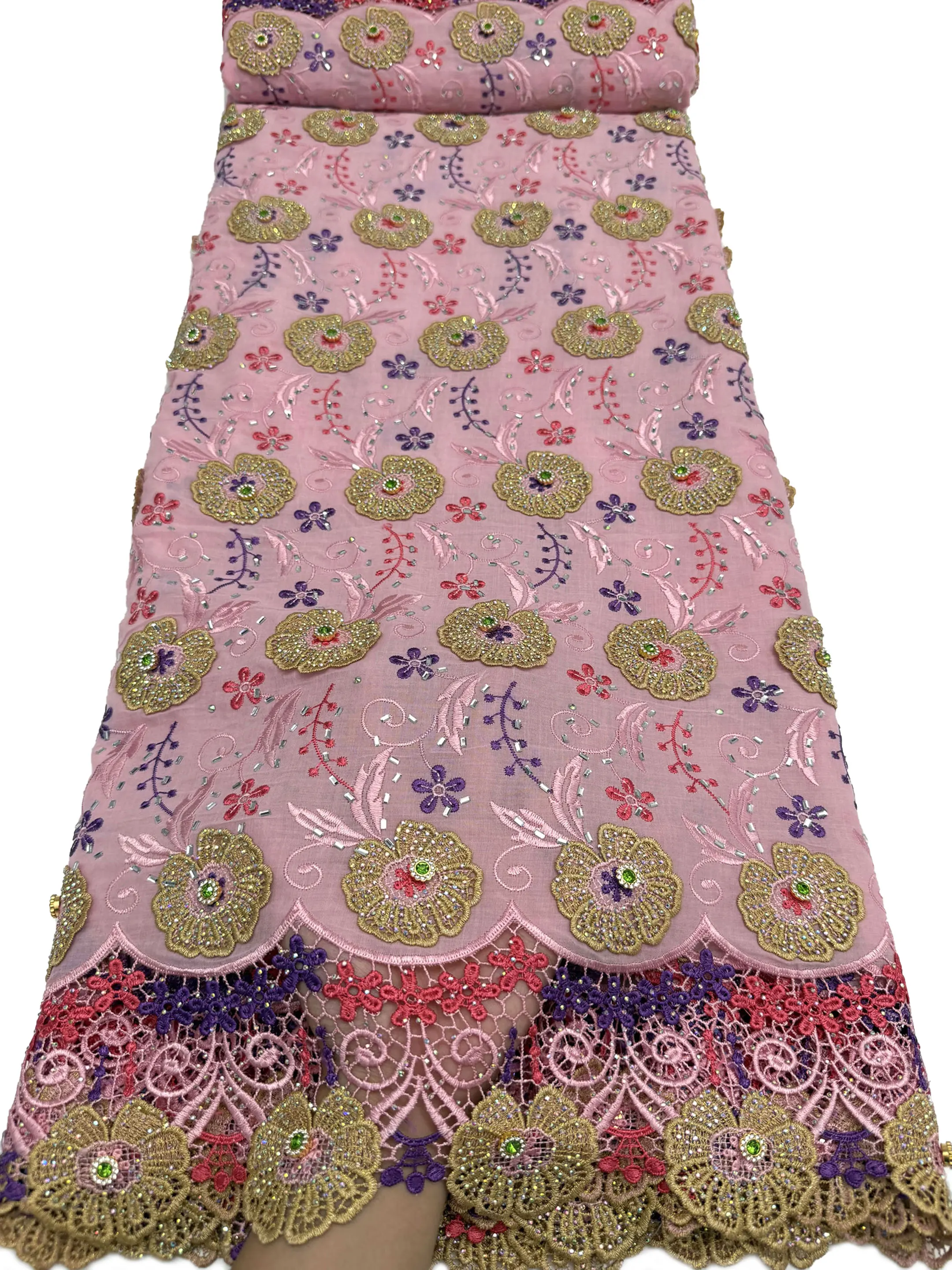 2026 High Quality Austria Cotton Swiss Voile Lace Fabric 3D Flower Embroidery With Stones For Women Wedding Party Dresses Sewing