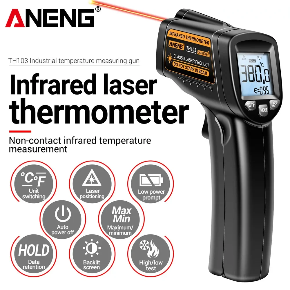 ANENG TH103 cyfrowy termometr Laser podczerwony przemysłowy pistolet do pomiaru temperatury z ekranem podświetlenia