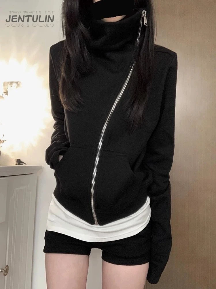 Dark Gothic Diagonal Y2K Zip Up Sweatshirt High Collar Slim Fit Cropped Jacket Grunge Alt Streetwear Women Winter Outer Coat