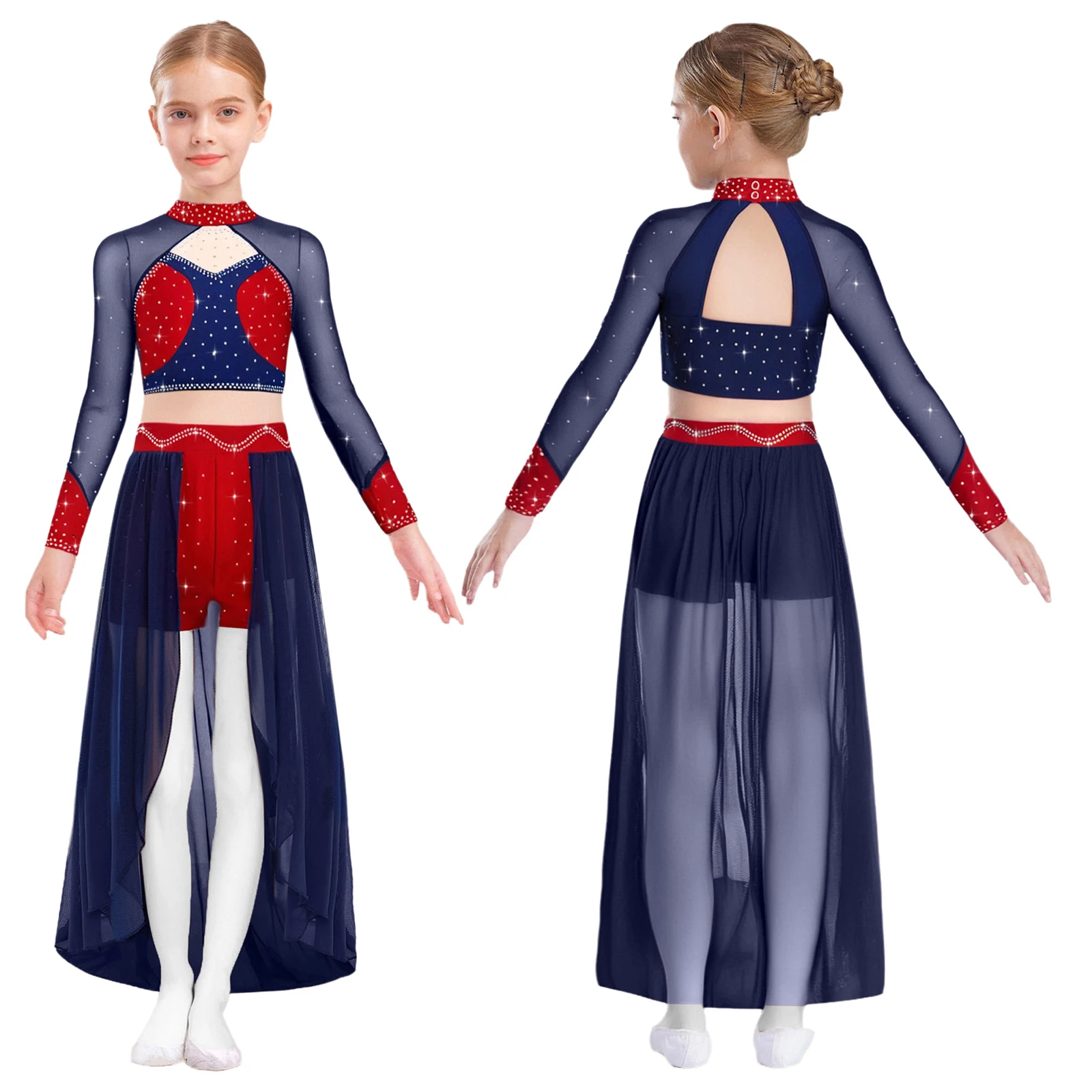

Girls Lyrical Dance Ballet Figure Skating Gymnastics Costume Long Sleeve Rhinestones Crop Top with Skirt Shorts Modern Dancewear