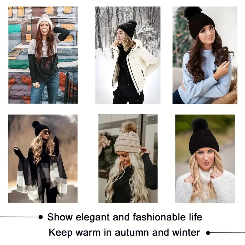 20inch Long Water Wavy Synthetic Hairpiece Beanie Hat - Woven Wigs with Knit Pom Cap and Warm Winter Design - Soft, Detachable,