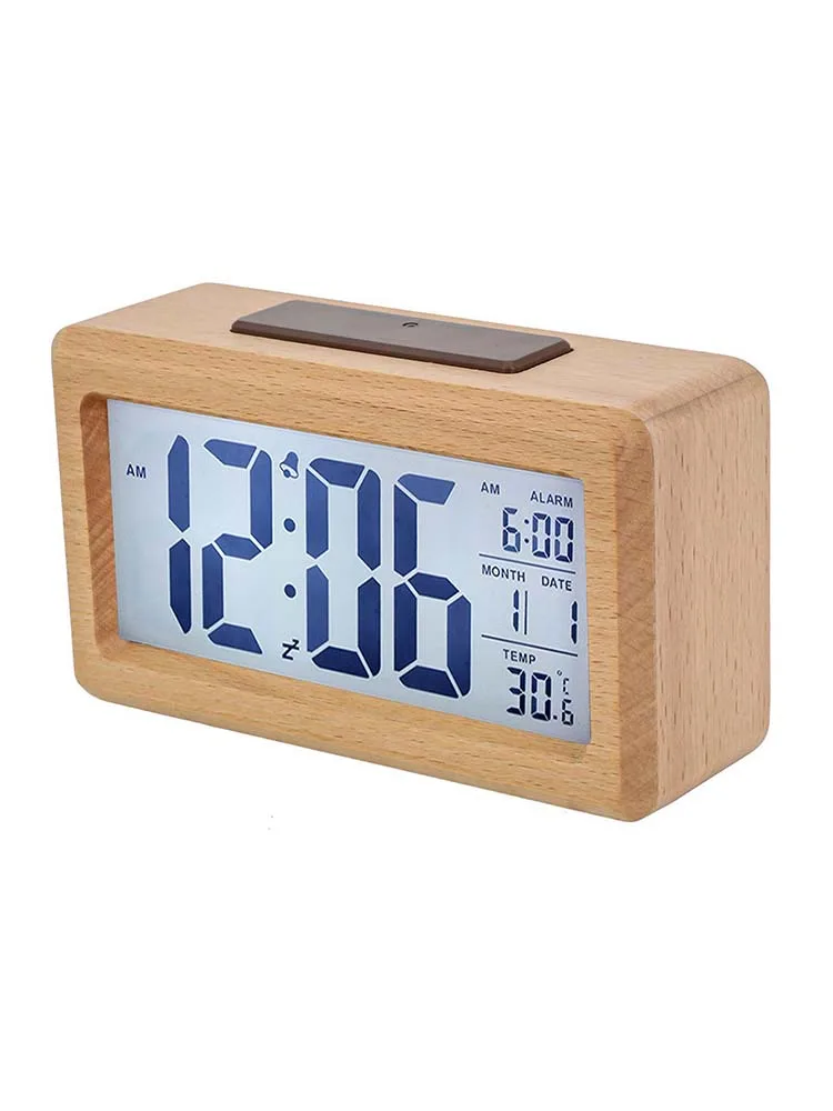 Natural Wood Grain Bedroom Office Light-Sensitive Clock Digital Alarm Clock Dimmable Backlight Minimalist Design