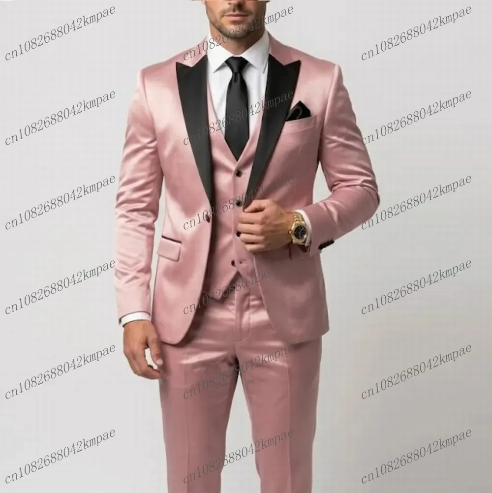 

Black Collar Pink Acetate Satin Men Suit Formal Groom Wedding Party Prom Male Business Tuxedos 3 Piece Set Blazer Vest Pants