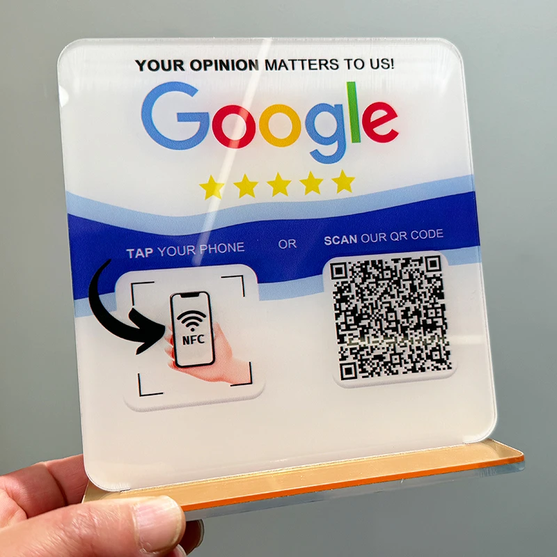 

Google Review Sign Customized Scan QR Code Business Plate With Golden Bracket Base Holder With NFC Acrylic UV Printing