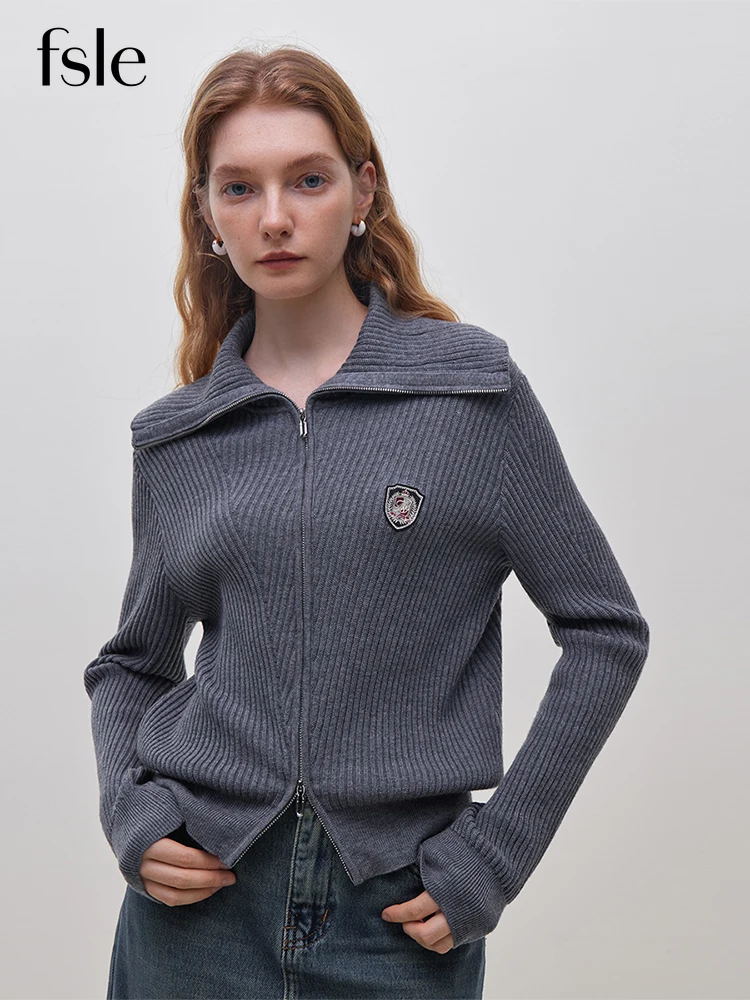 FSLE College Style Knitted Cardigan Jacket for Women 2023 Winter Niche Design Sheep Wool 25.8% Inner Zipper Large Lapel Sweater