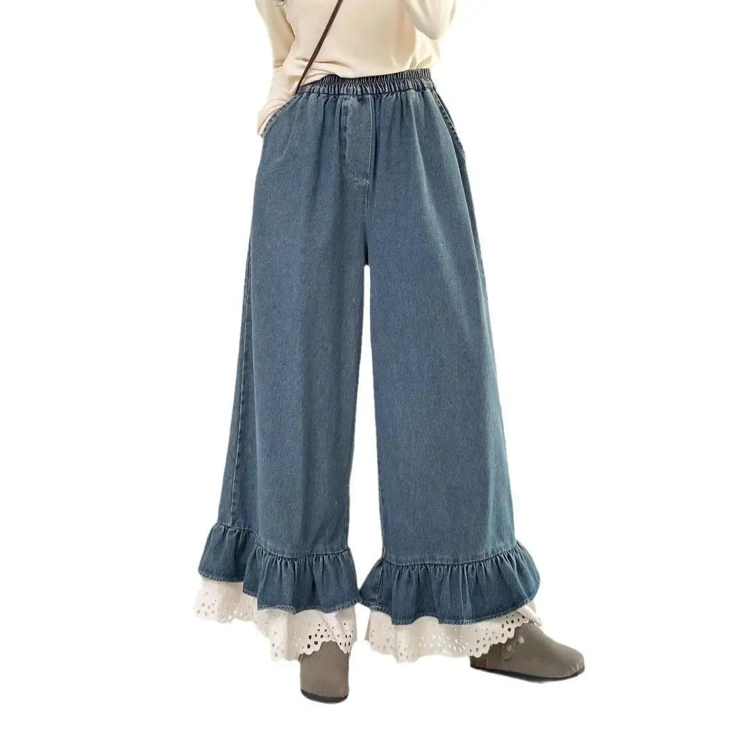 Sweet Age-reducing Elastic Waist Trousers with Lace Stitching Denim Casual Pants for Women Autumn New Temperament Trousers