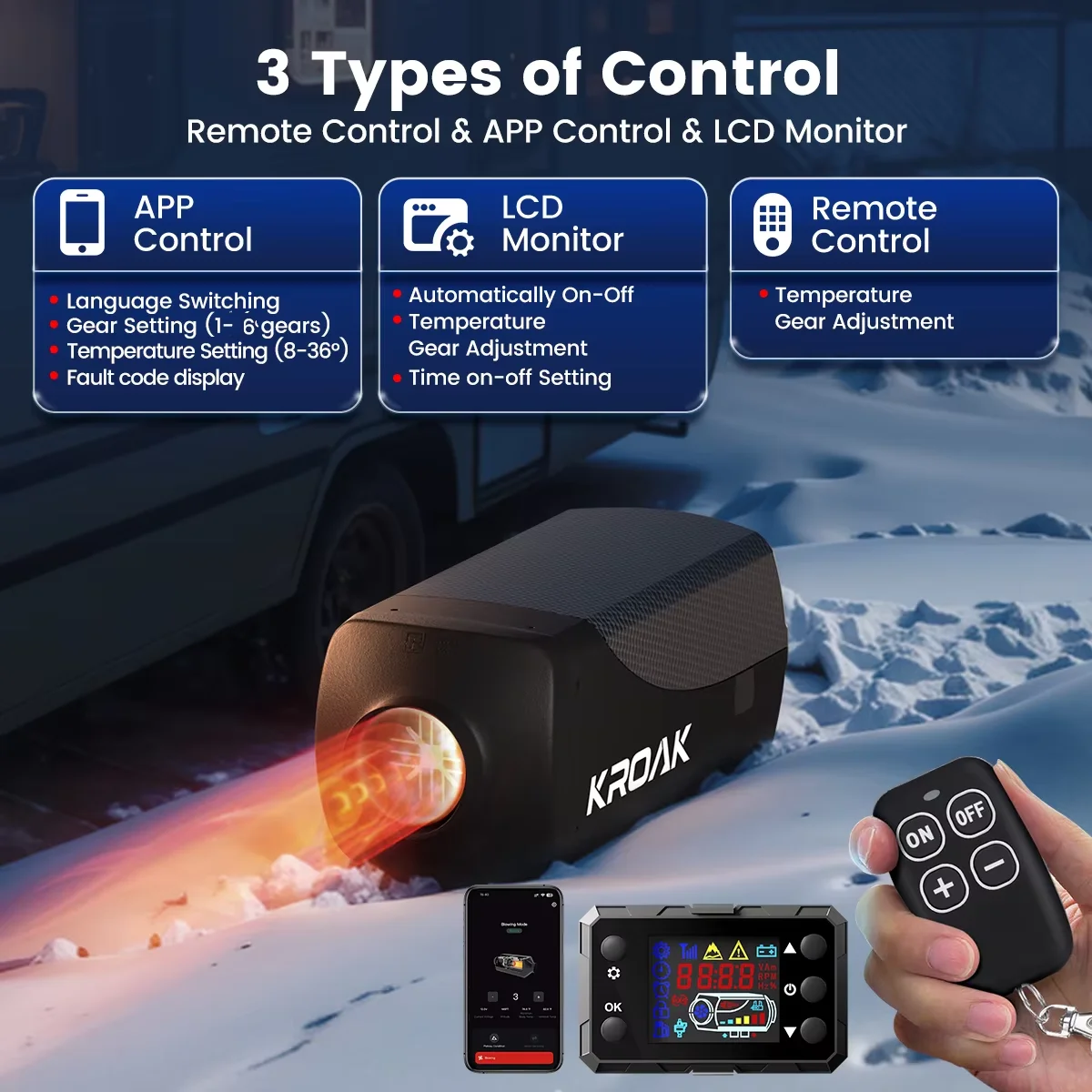 KROAK 8KW 12V Air Diesel Parking Heater Car Heater With Remote Control LCD Monitor For RV Motorhome Trailer Trucks Boats