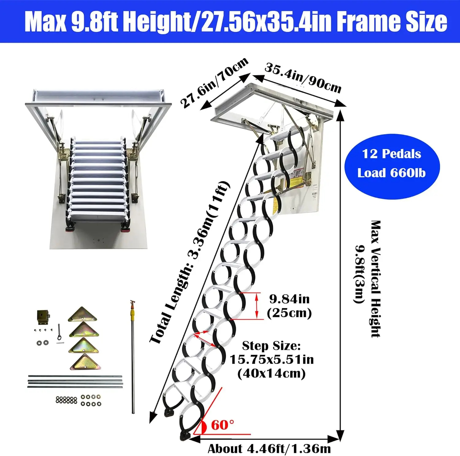 تلسكوبي سلم قابل للطي مخفي درابزين أسود خطوة بيضاء الألومنيوم المغنيسيوم تركيب السقف 70*90 سنتيمتر