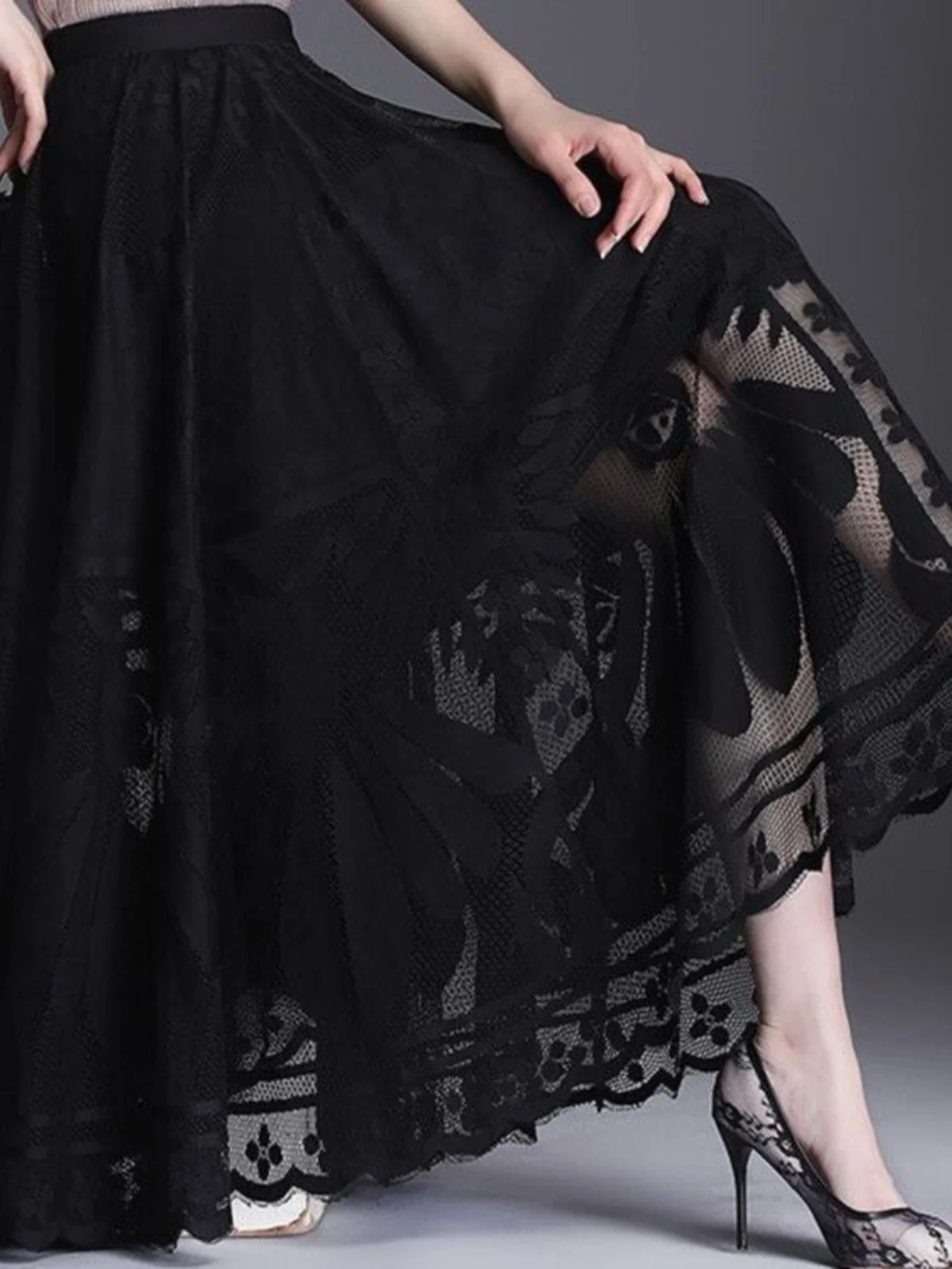 

Ele Long Lace Hem A-Line Skirt High Waist Pleated Net Gown Slimming Fairy T Sle Women's Faion Spring 2024