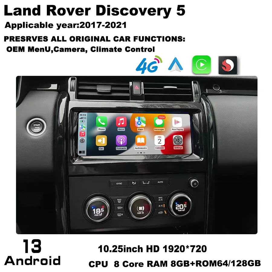 10.25 inch Carplay radio For 2017-2021 Land Rover Discovery 5 L462 LR5 multimedia player  retains OEM menu Android 13