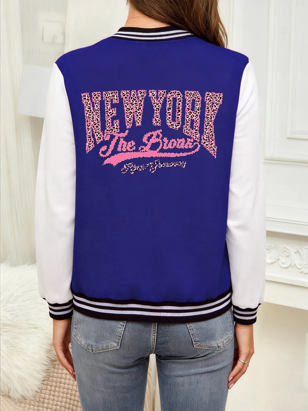 

New York The Bronx Leopard Printing Baseball Jersey Women Comfortable Loose Coats Fleece Warm Soft Jackets Casual Pocket Clothes