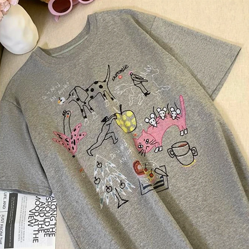 Gray Cotton Summer Tops Korean Fashion Cartoon Brand Graphic T-shirt Loose Oversized Short Sleeve T Shirts Lovely Women Clothing