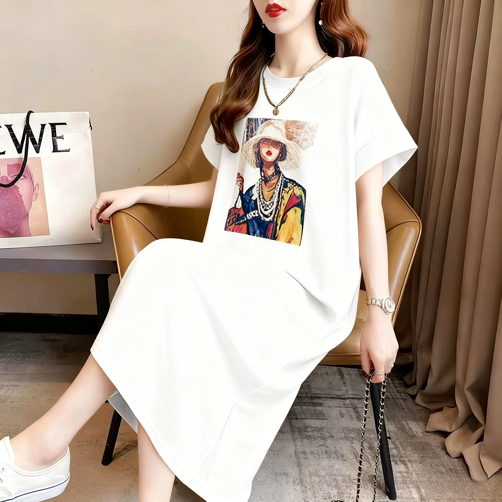 

Ladies' Summer Fashion Lazy Abstract Figure Print Design Medium Long Loose Dress Outdoor Print Skirt and Ankle Boot Skirt