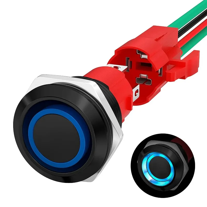

20A 12V Push Button Switch Latching 19MM Pushbutton Switch with 12V Blue LED Waterproof ON Off Switch 20 Amp Heavy Duty for Car