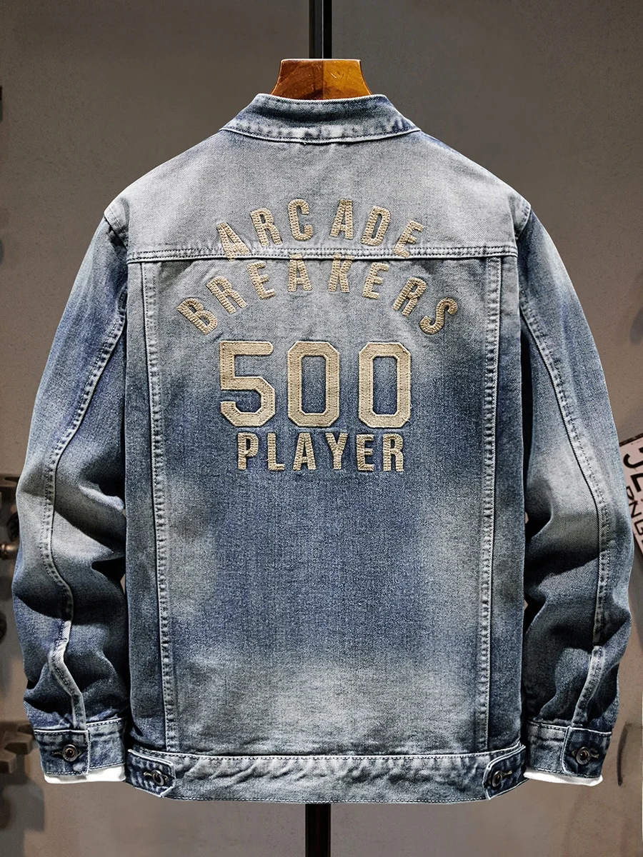 

High-End Embroidered Denim Jaet Men's 2026 Spring Autumn New Heavyweight Waed Zipper Stand Collar Casual Motorcycle Jaet