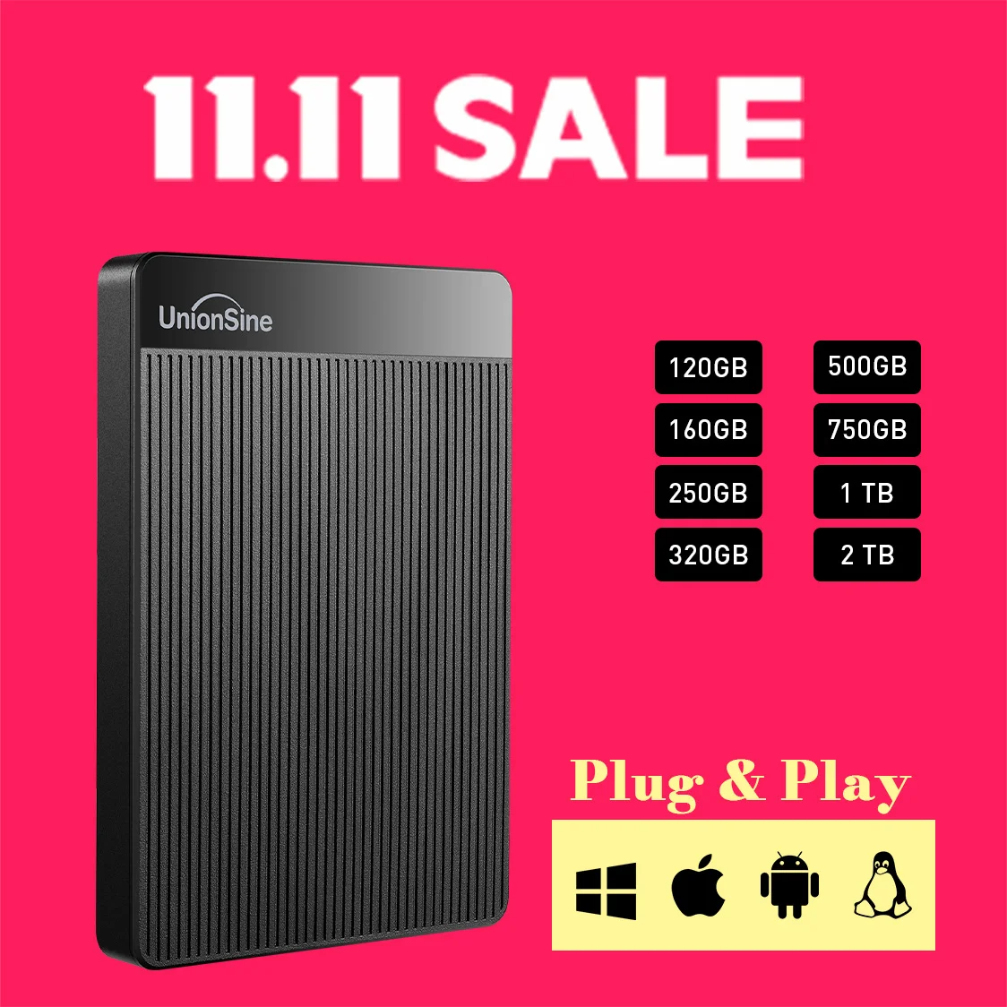 

UnionSine 2.5" Portable External Hard Drive Disk 2tb/1tb/500gb/750gb USB3.0 HD Storage Compatible for Desktop/Laptop/Mac/Xbox/TV