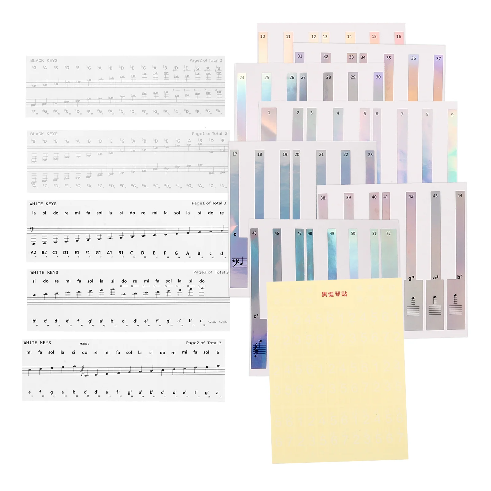 

2 Sets Keyboard Stickers 88/61/54 Keys Piano Labels Music Notes Strip Numbered for Beginners Electronic Transparent Gradient