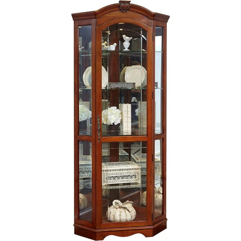 Corner Curio Glass Display Cabinet, Wood 5-Tier Corner Curio Cabinet with Adjustable Shelves 33 by 24 by 78-Inch, Brown