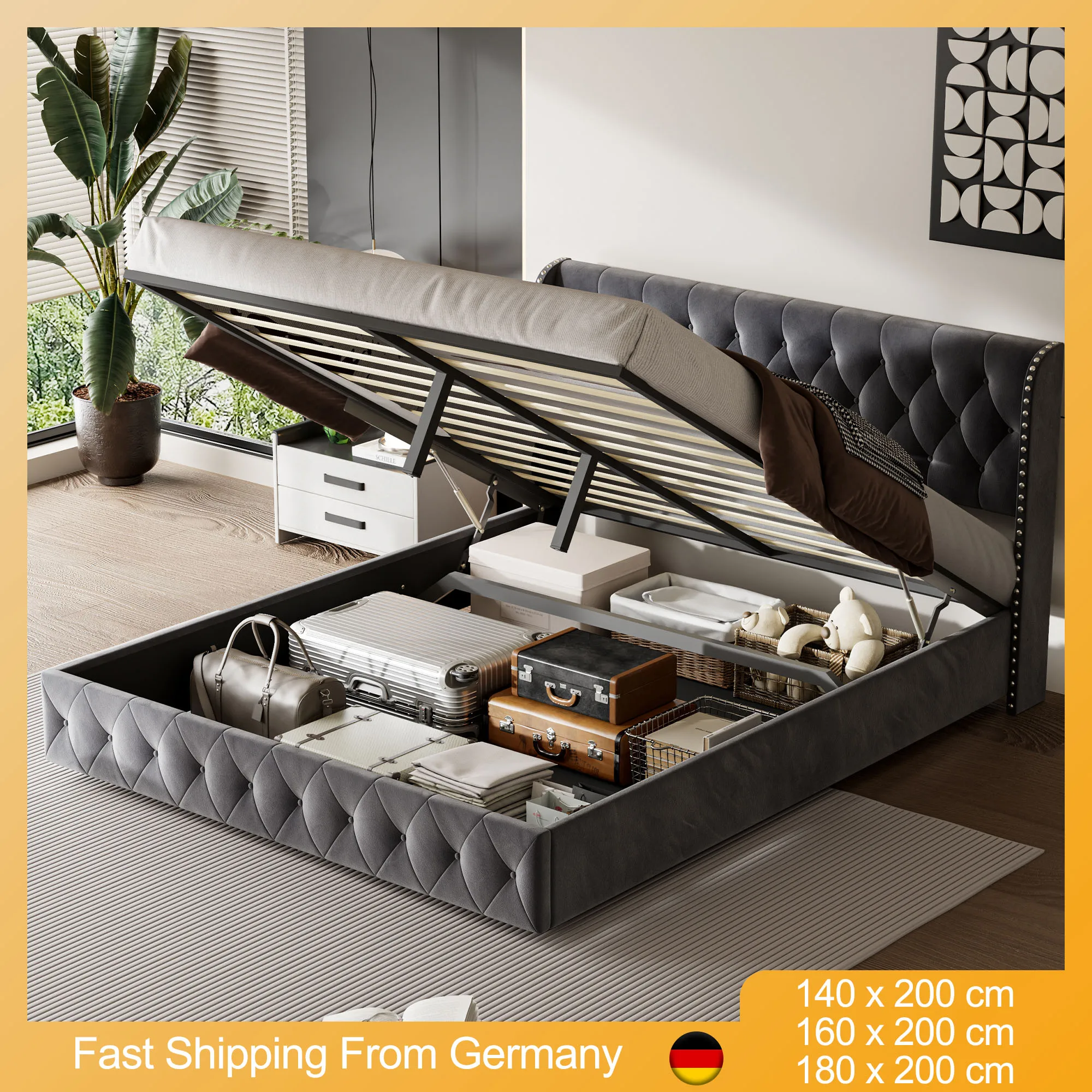 Gray Modern Single and Double Bed, Upholstered Bed Frame with Padded Headboard Slatted Frame, Storage Bed, Velvet