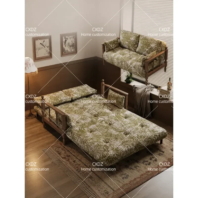 Medieval Fabric Sofa Bed Solid Wood Folding Dual Purpose Small Apartment Living Room Retro 2026 New Multi Function