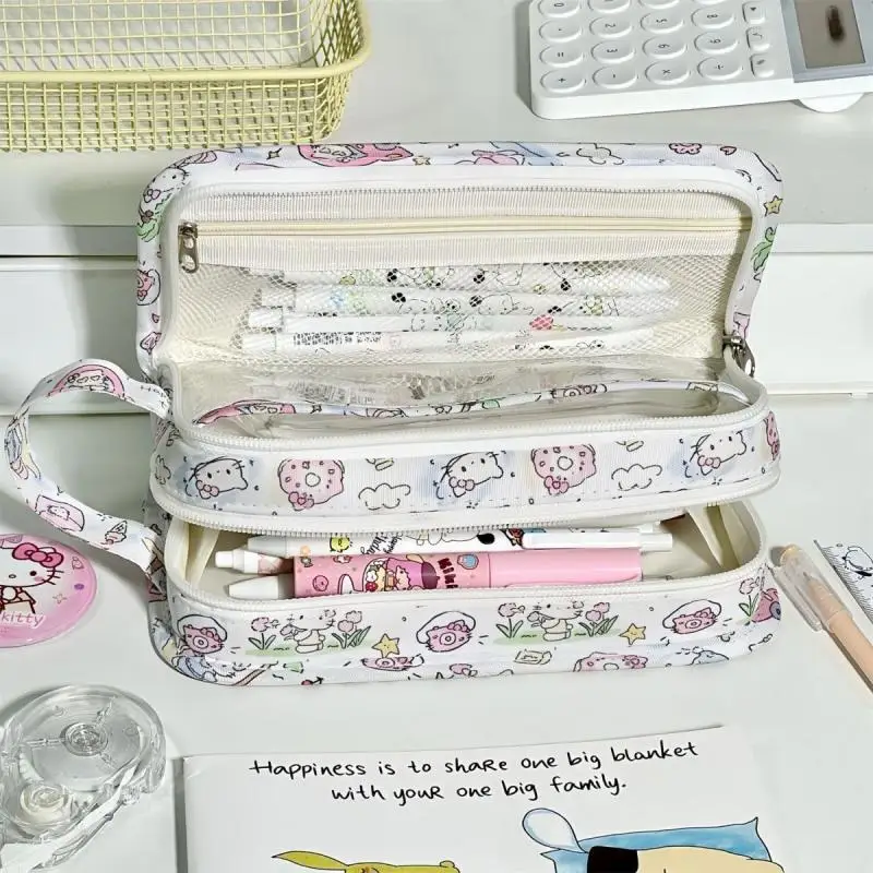 New Hello Kitty Pencil Case Anime Sanrio Cute Girl Classification Multi Layer Storage Bag Original Student Stationery Supplies