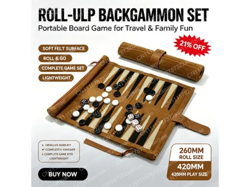 Portable Backgammon Set Roll-Up Suede Case with Black White Pieces Travel Board Game for Outdoor Fun
