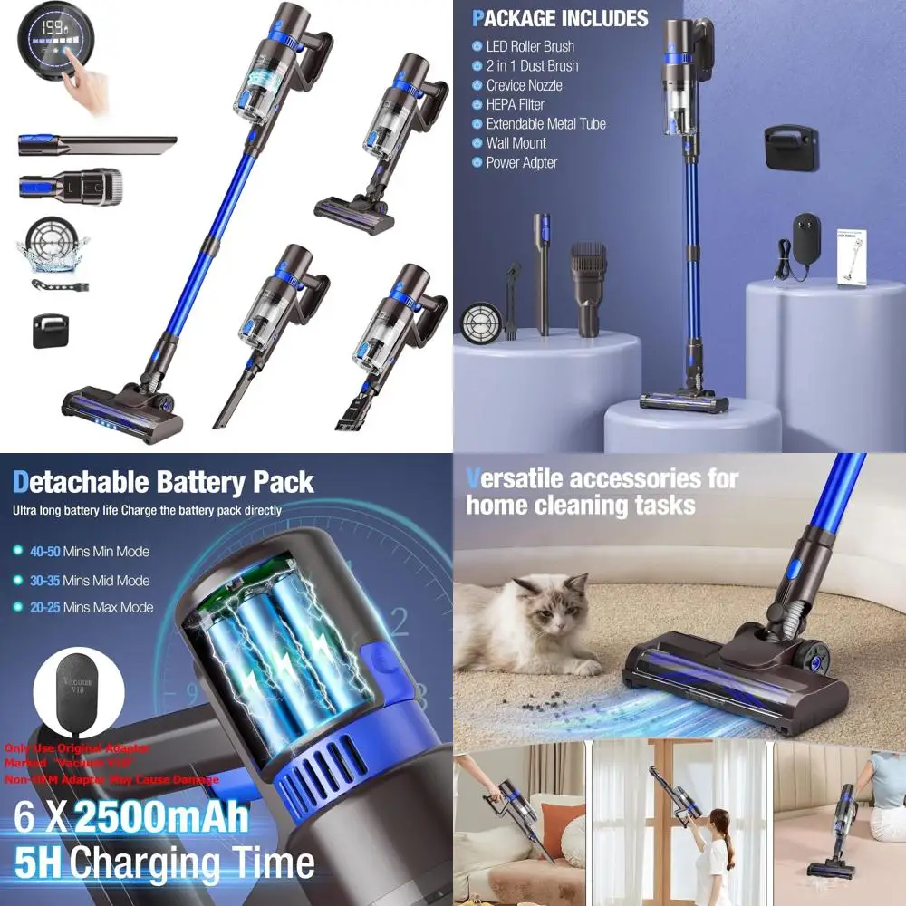 

Мощный вертикальный пылесос 550 Вт, 45 кПа, 50 минут работы, с сенсорным управлением, 3 режима мощности, перезаряжаемая батарея, идеально подходит для шерсти животных и уборки.