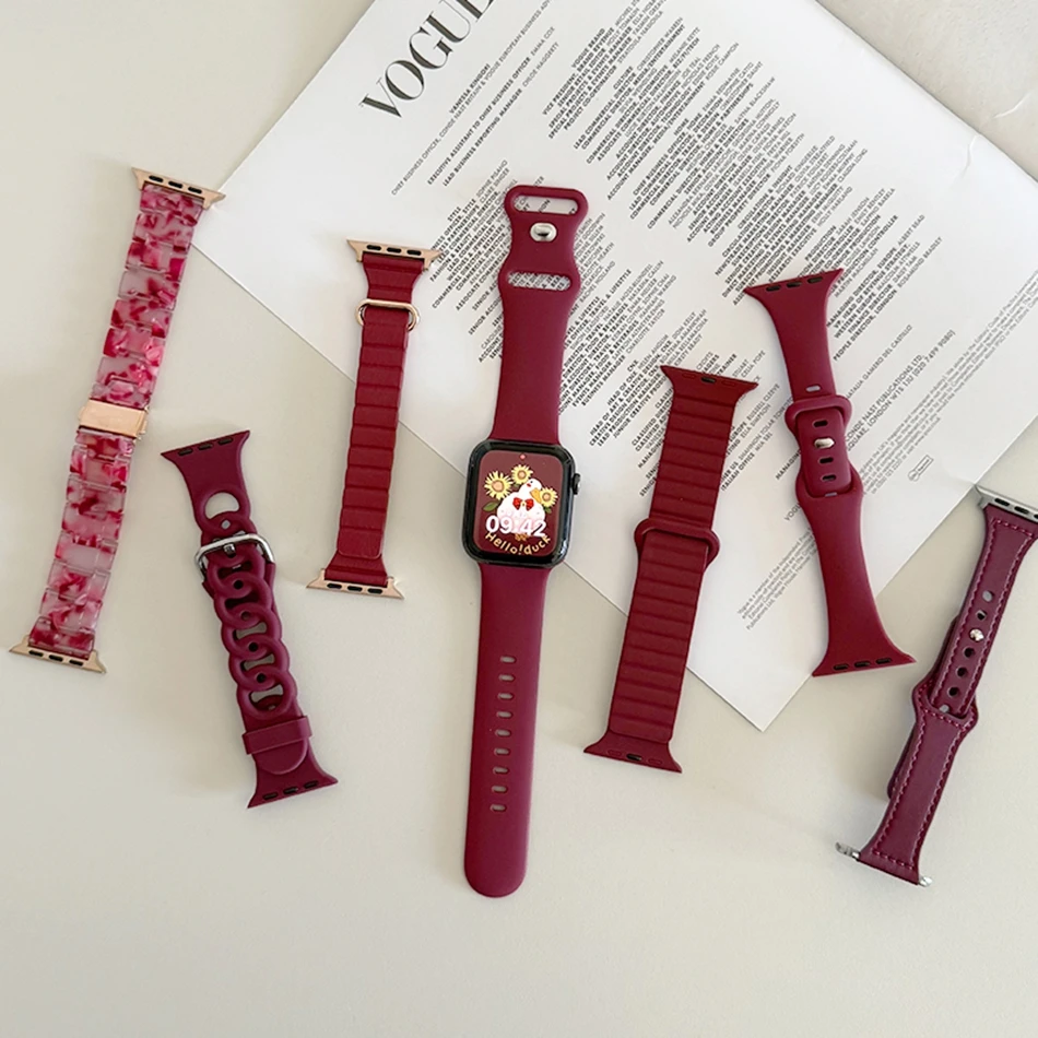 Luxury Wine Red Nylon Magnetic Silicon Strap For Apple Watch Band S10 9 8 7 6 SE 38/40/41/42/44/45/46/49mm IWatch Ultra Bracelet