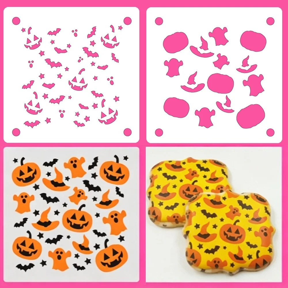 2‑Pack Halloween Cake Cookie Stencils, Ghost Witch‑Hat Pumpkin Bat Hollow Pattern, Food‑Safe PET Powder‑Dusting Template