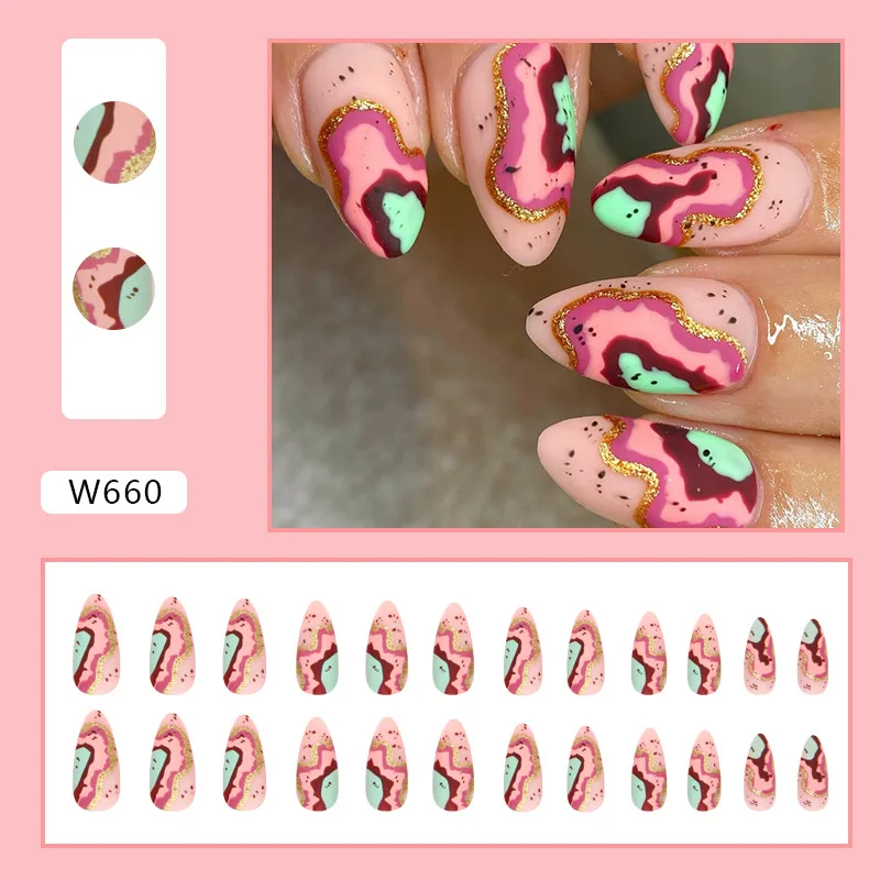 

24Pcs Medium Almond Press on Nails - Matte Irregular Stripes Design | Multi-Size & Color Options for Instagram Aesthetic