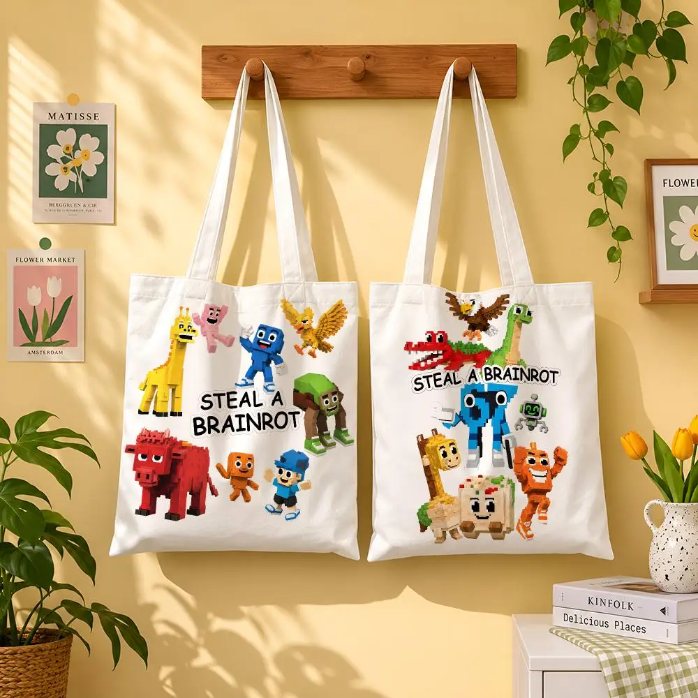 Steal A Brainrot Character Crew Storage Bags 1pc Canvas Tote Bag Reusable Shopping Shoulder Bag For Women Daily Use