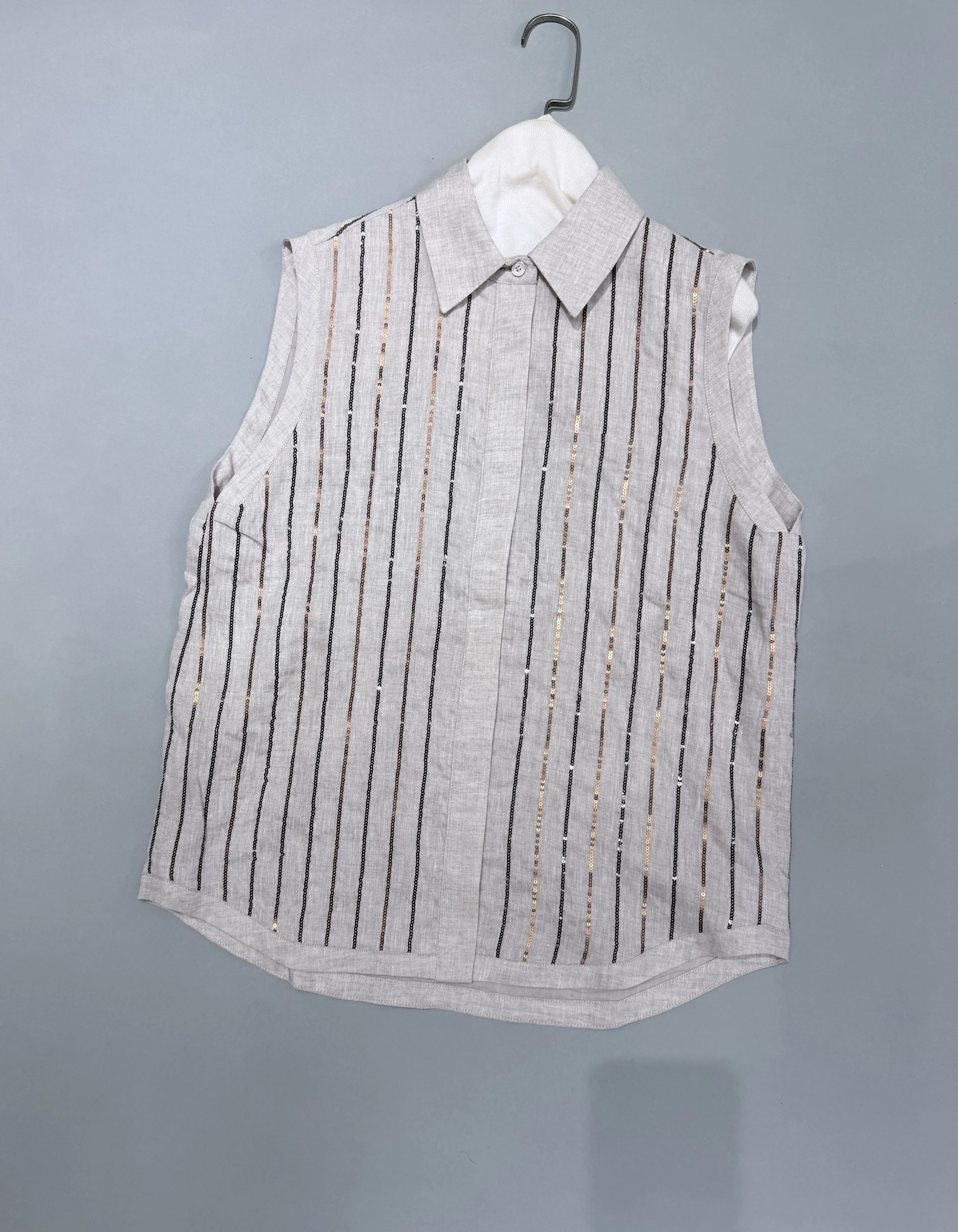 Women's Matching Sets Heavy-Duty Striped Sequined 100 Linen Vest Sleeveless Shirt With Shorts 2 Piece Set view 3