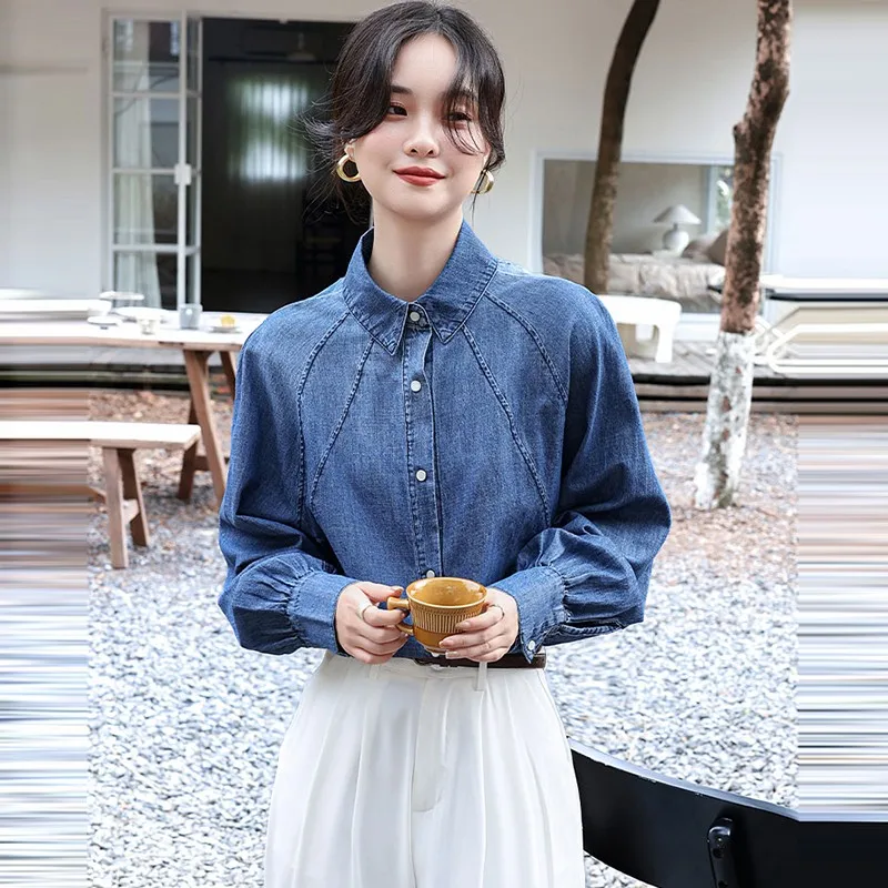 Women Casual Denim Shirt New Arrival 2024 Autumn Vintage Style Raglan Sleeve Basics Office Lady Elegant Tops Shirts W1929