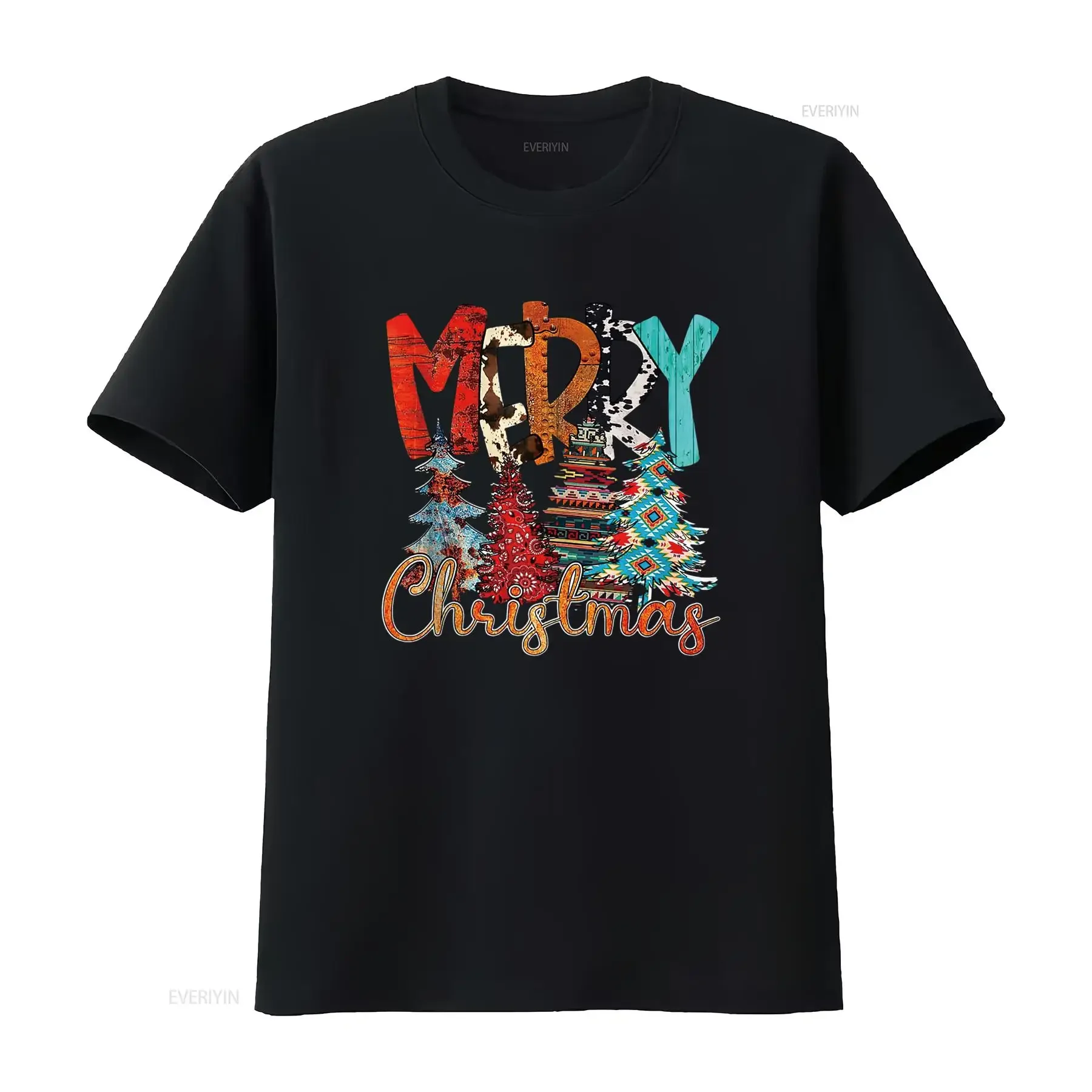 Merry Christmas Vintage Western Cowhide Turquoise Cowgirl T Shirt vintage Washed fashion Top For Everyday Wear Stylish