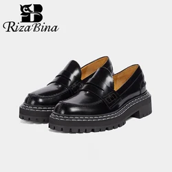 RIZABINA Fashion Platform Loafers Women Real Leather Pointed Toe Block Heel Shoes Ladies Slip On British Style School Flat Shoes