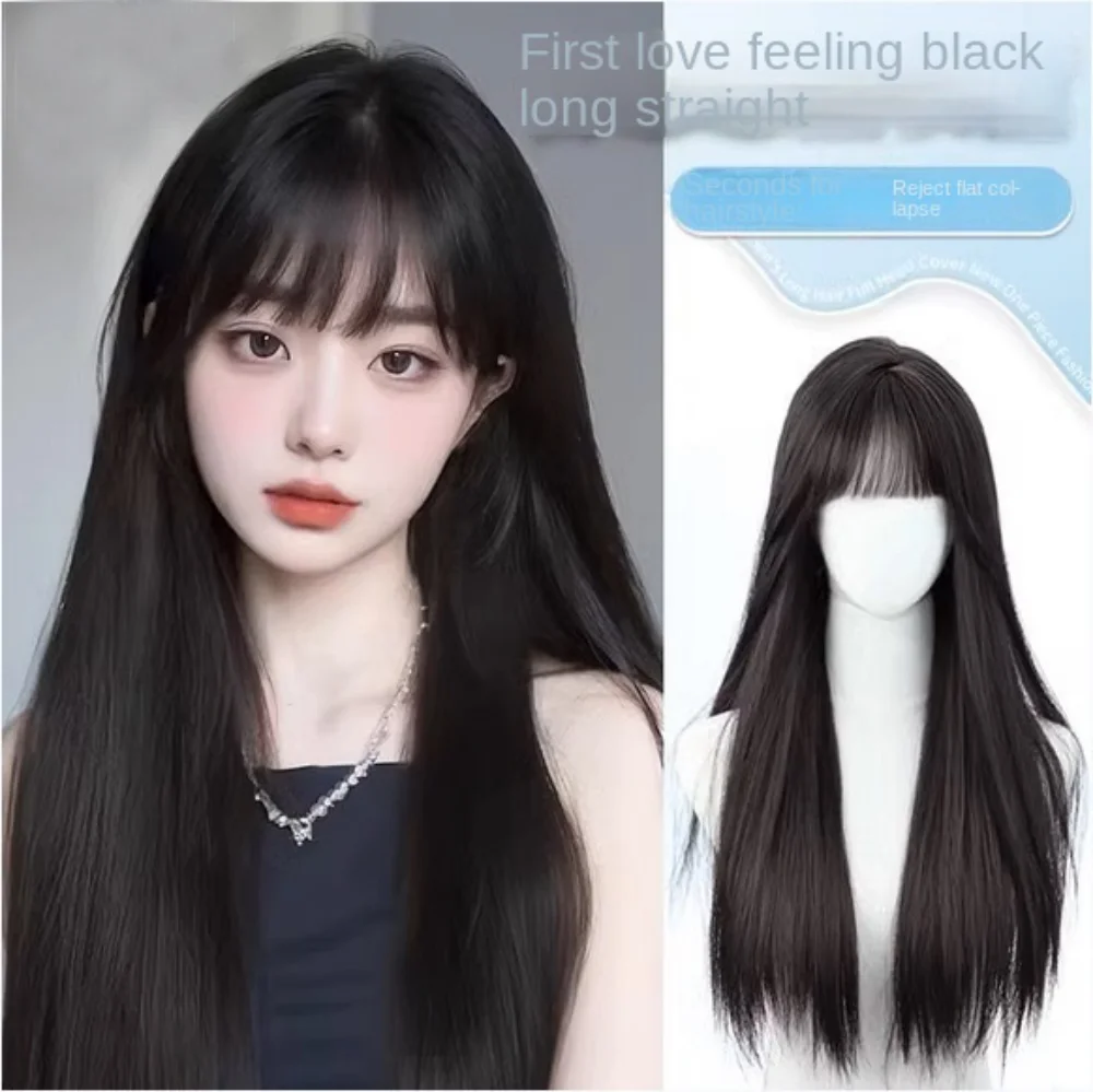 1PC Black Synthetic Wig Long Straight Bangs Natural Hair Cosplay Party Halloween Wig For Women Heat Resistant Full Head Cover