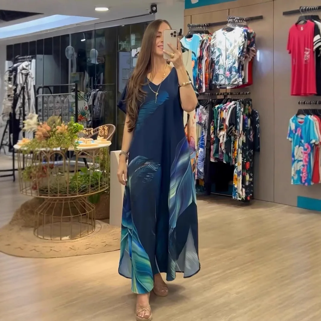 Długa sukienka damska z dekoltem w serek, maxi sukienka w kwiatowy wzór, sukienka plażowa plus size na wakacje, sukienka boho na imprezę dla kobiet, sukienki damskie 2025