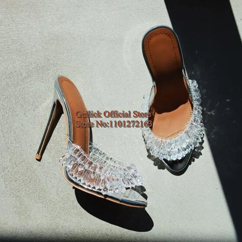 Clear PVC Transparent String Bead Fringe Open Toe Mules Silver Leather Slip On 12CM Stiletto Heels Women Summer Slippers Shoes