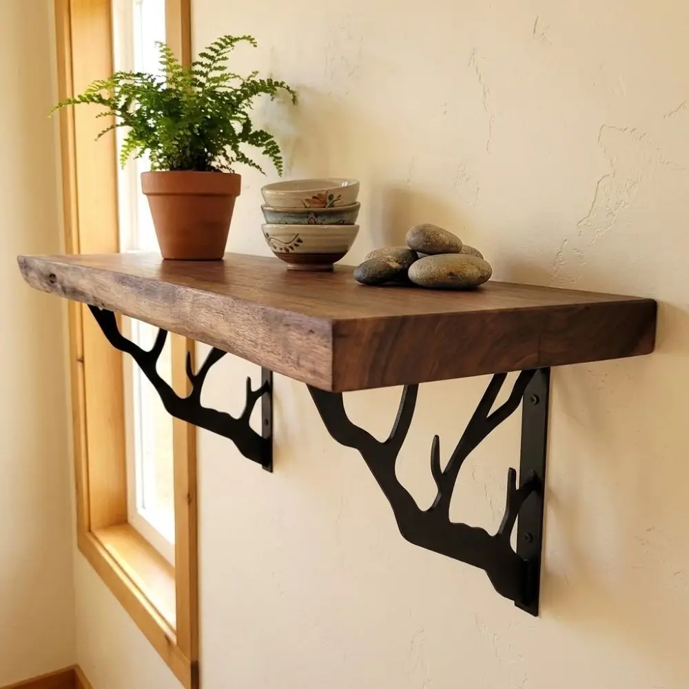 2Pcs Tree Shaped Metal Shelf Brackets Heavy-Duty Thickened L-Shaped Brackets Triangular Cast Iron Support Bracket Garden